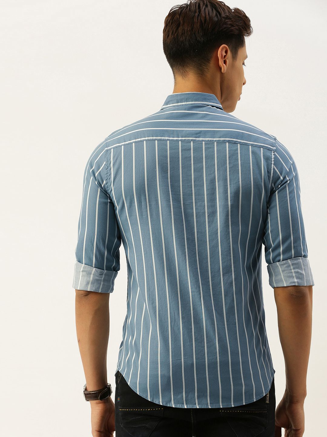 The Indian Garage Co Men Grey & White Slim Fit Striped Casual Shirt