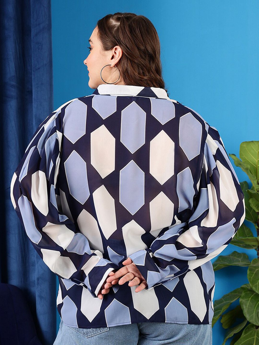 CURVY STREET Plus Size Blue Comfort Geometric Printed Oversized Casual Shirt