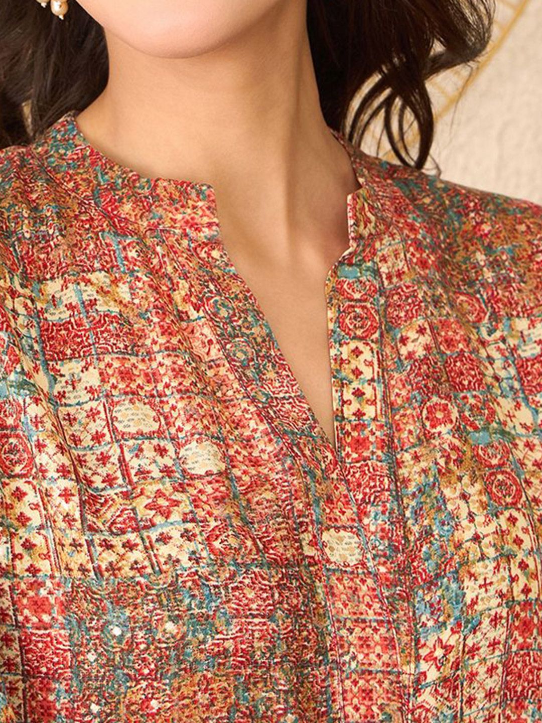 KALINI Print Mandarin Collar Top