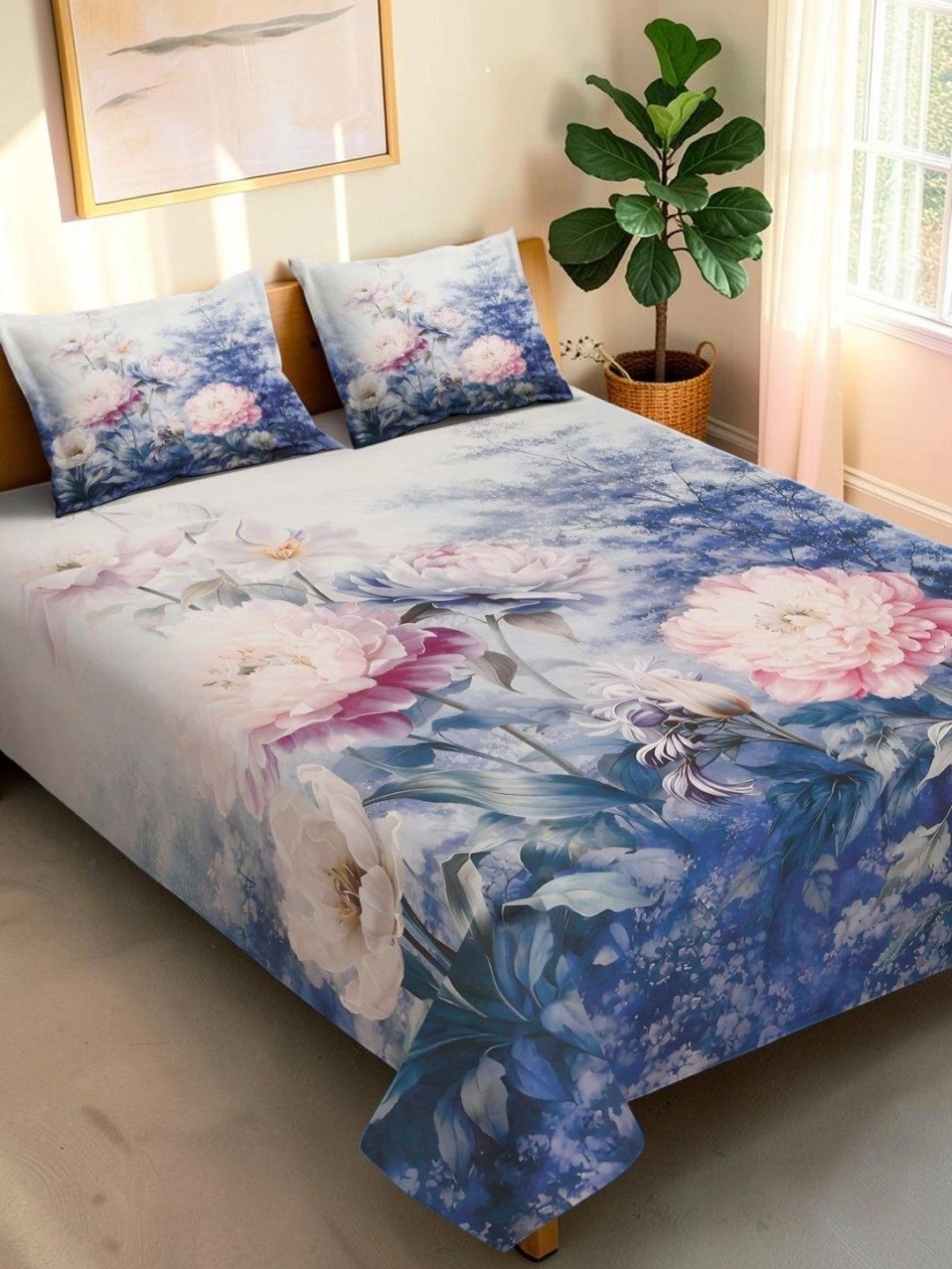 Moda Rapido X KLOTTHE Blue & White Floral 400 TC King Bedsheet with 2 Pillow Covers