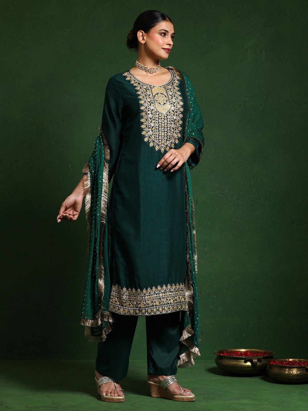 Varanga Floral Embroidered Cotton Silk Zari Work Straight Kurta With Trousers & Dupatta
