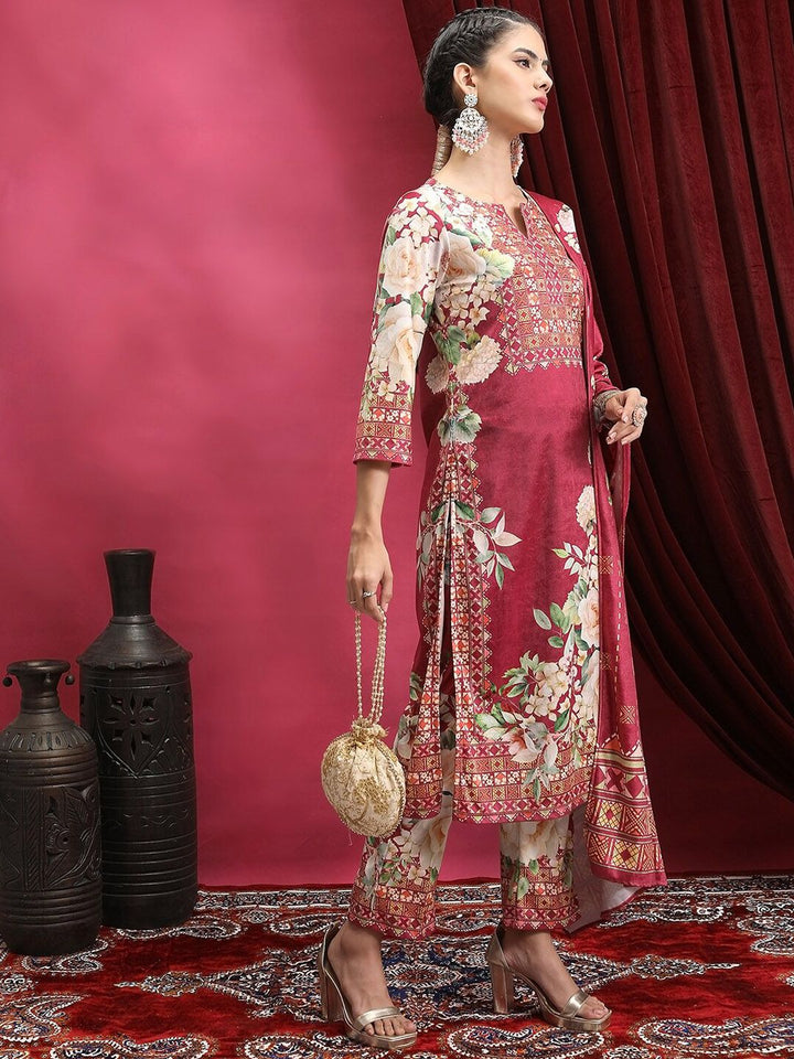 Vishudh Floral Printed Regular Notch Neck Kurta With Palazzos And Dupatta