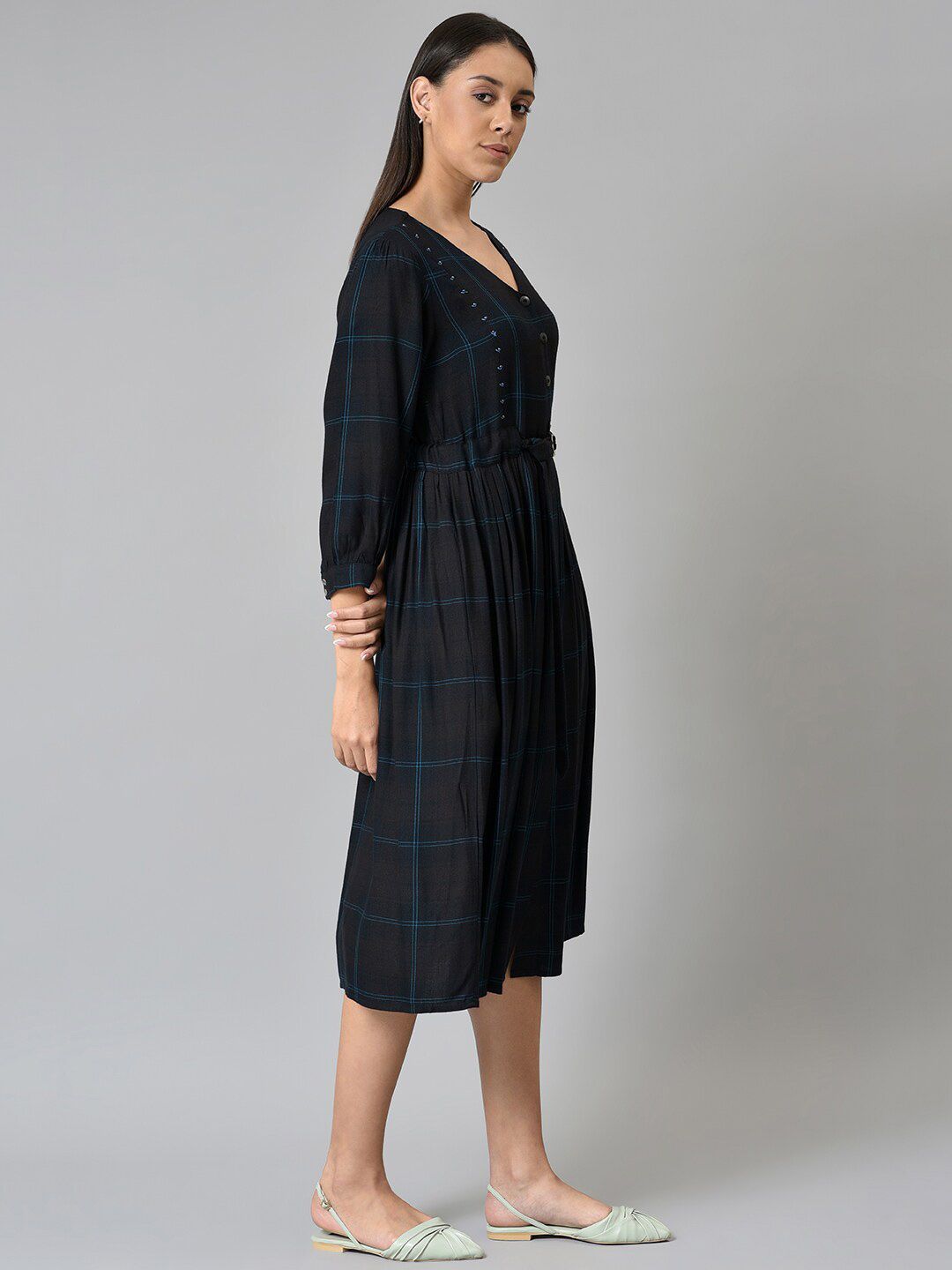 W Black Checked A-Line Midi Dress