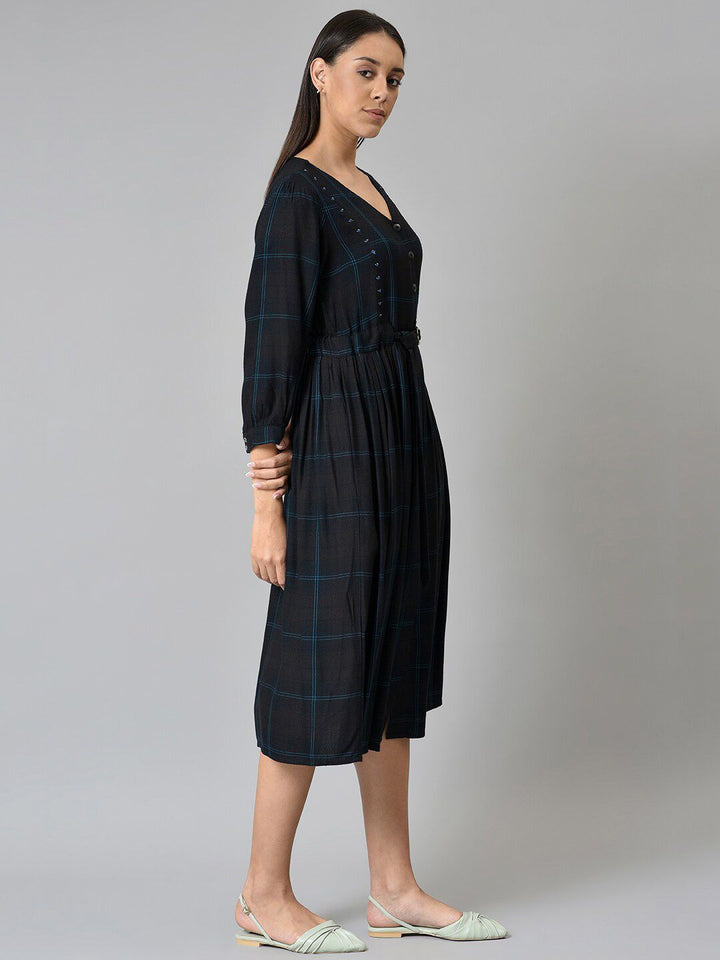 W Black Checked A-Line Midi Dress