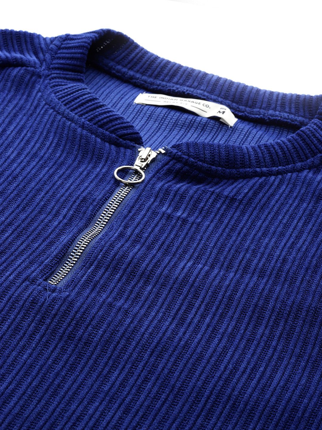 The Indian Garage Co Self Design Henley Neck Drop-Shoulder Sleeves Corduroy Sweatshirt