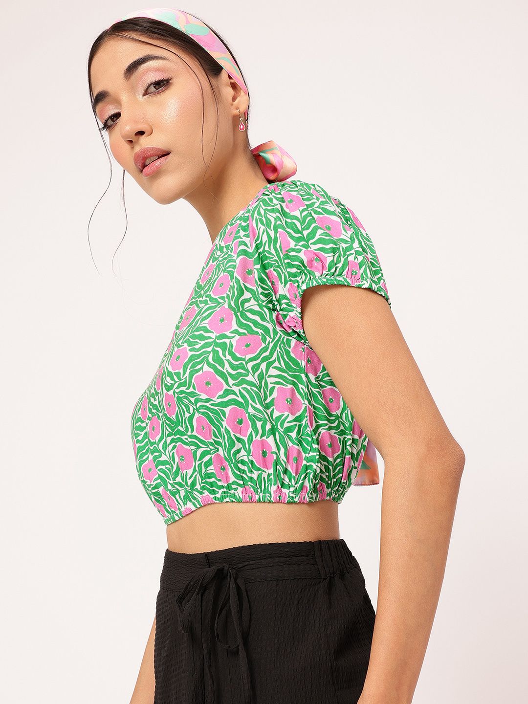 DressBerry Garden Galore Printed Blouson Crop Top