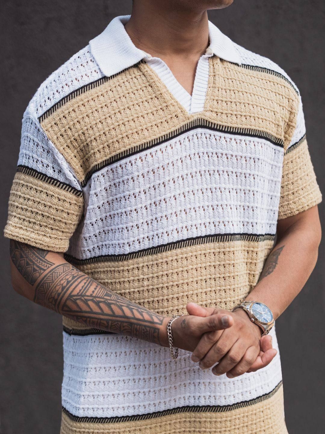 Powerlook Men Striped Polo Collar Pockets T-shirt