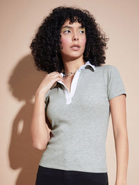 SASSAFRAS BASICS Shirt Collar Ribbed Fitted Top