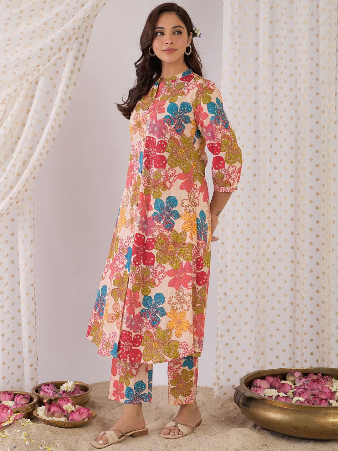 Indo Era Floral Printed Mandarin Collar Pure Cotton A-Line Kurta With Trouser