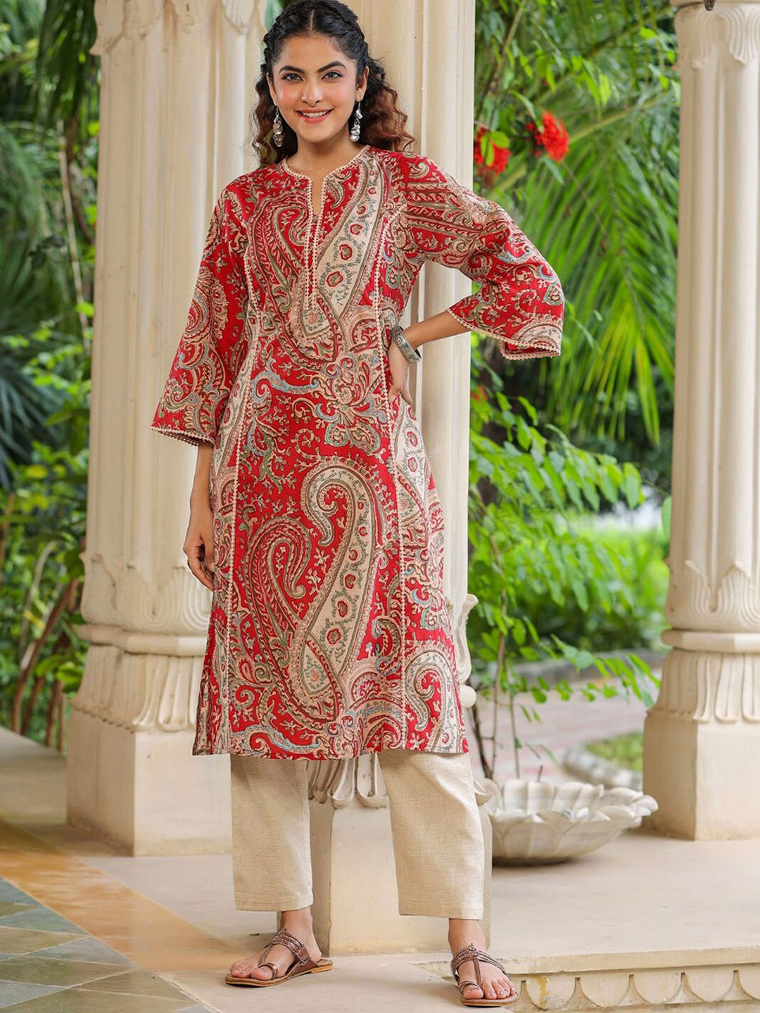 Rain & Rainbow Ethnic Motifs Printed Notched Neck Straight Pure Cotton Kurta