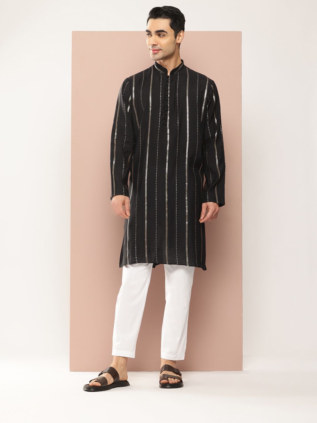 See Designs Men Embroidered Sequinned Chanderi Silk Kurta with Pyjamas