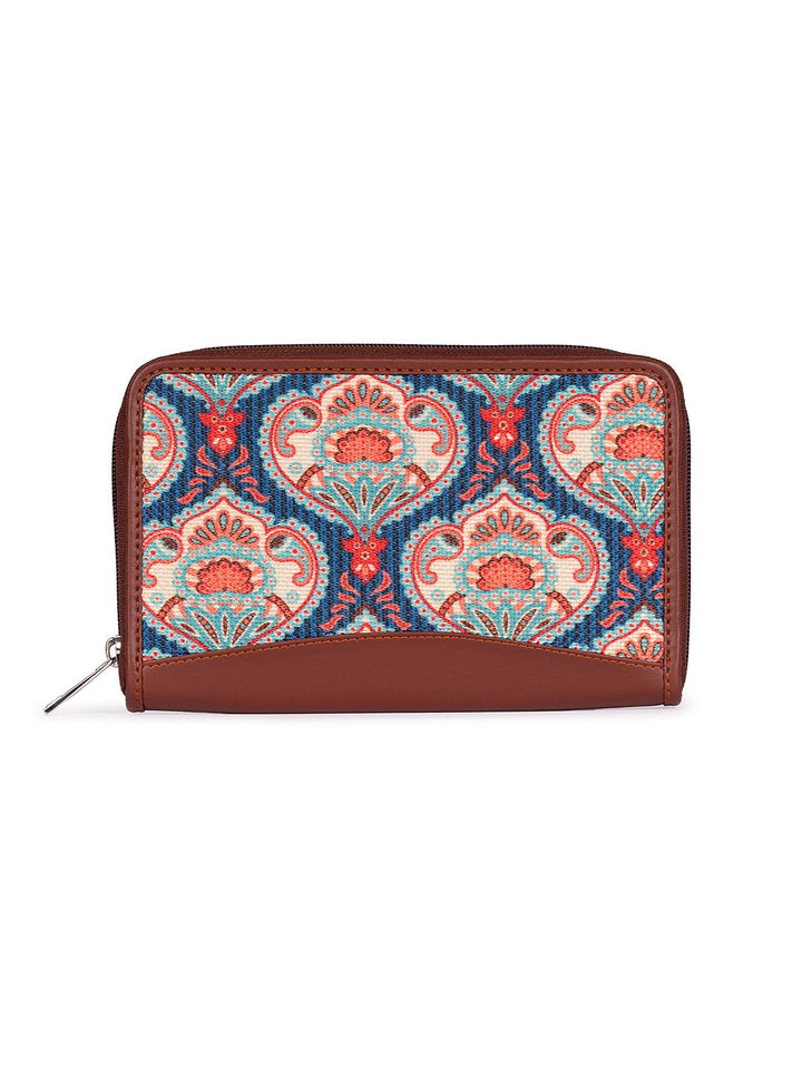 ZOUK Women Blue & Brown Ethnic Motifs Printed Zip Around Wallet