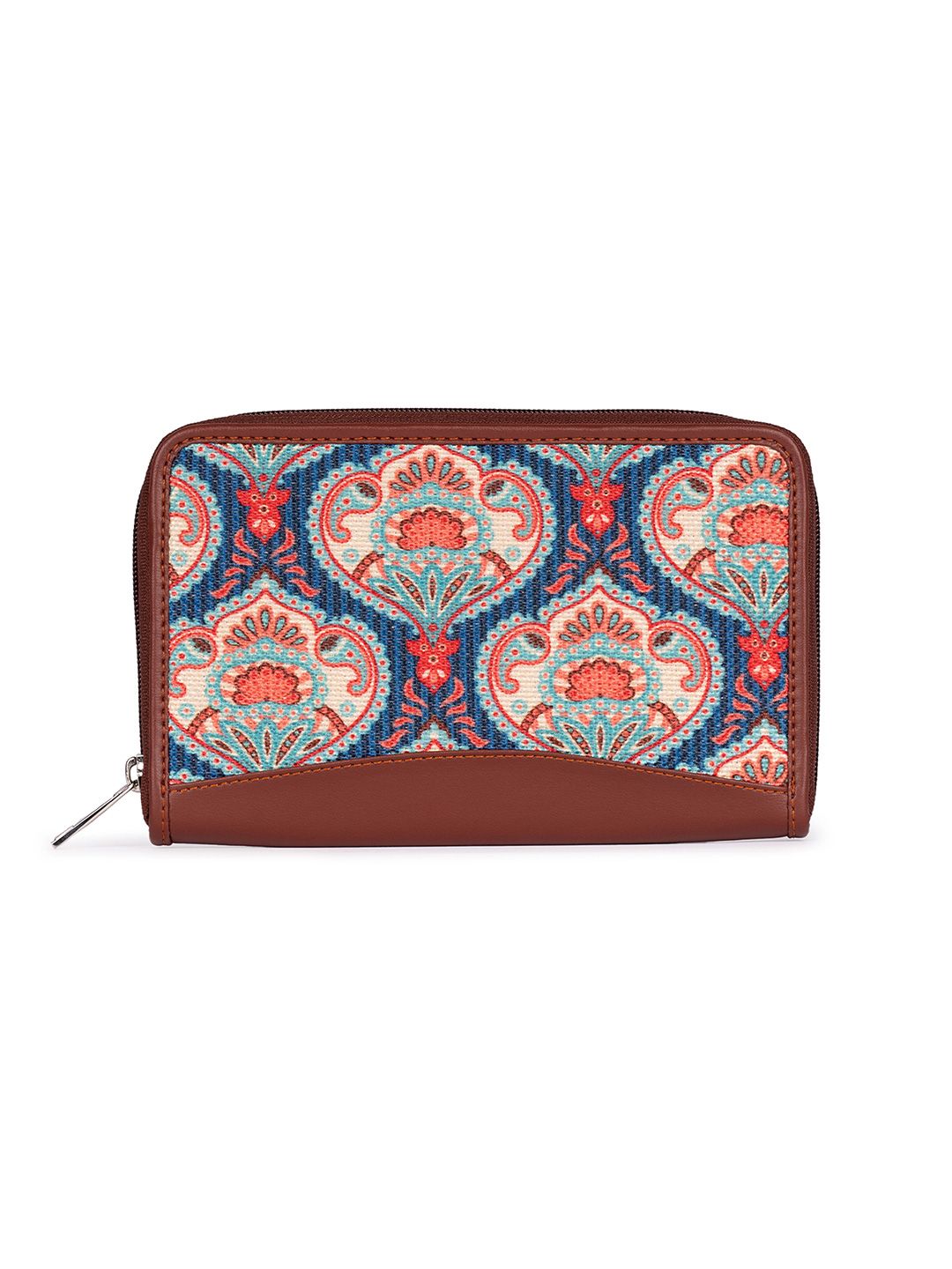 ZOUK Women Blue & Brown Ethnic Motifs Printed Zip Around Wallet