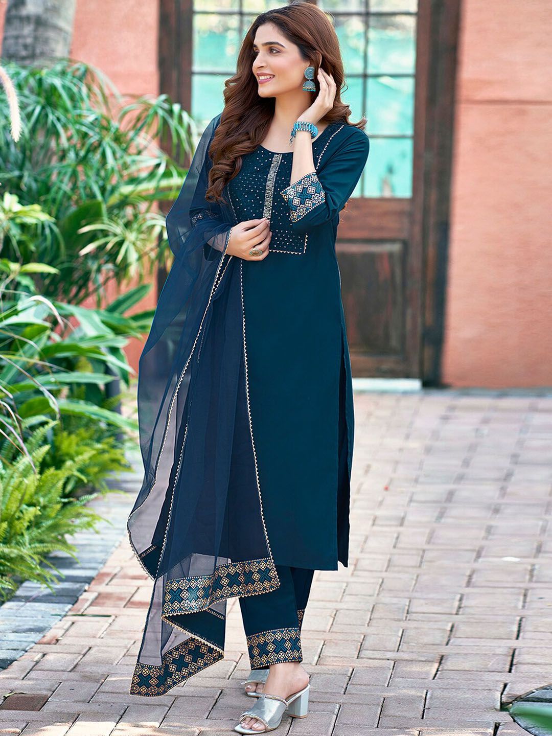 KALINI Yoke Design Sequinned Kurta with Trousers & Dupatta