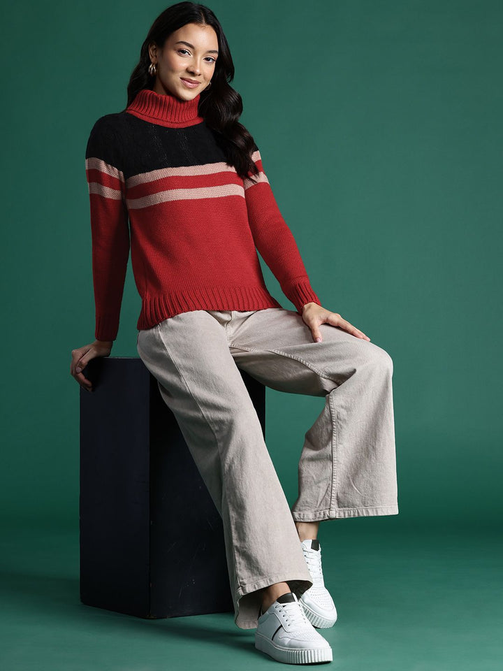 DressBerry Striped Turtle Neck Cable Knit Pullover