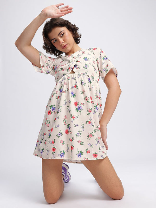 DressBerry Floral Print Twisted Cut-Out Detail Mini Sheath Dress