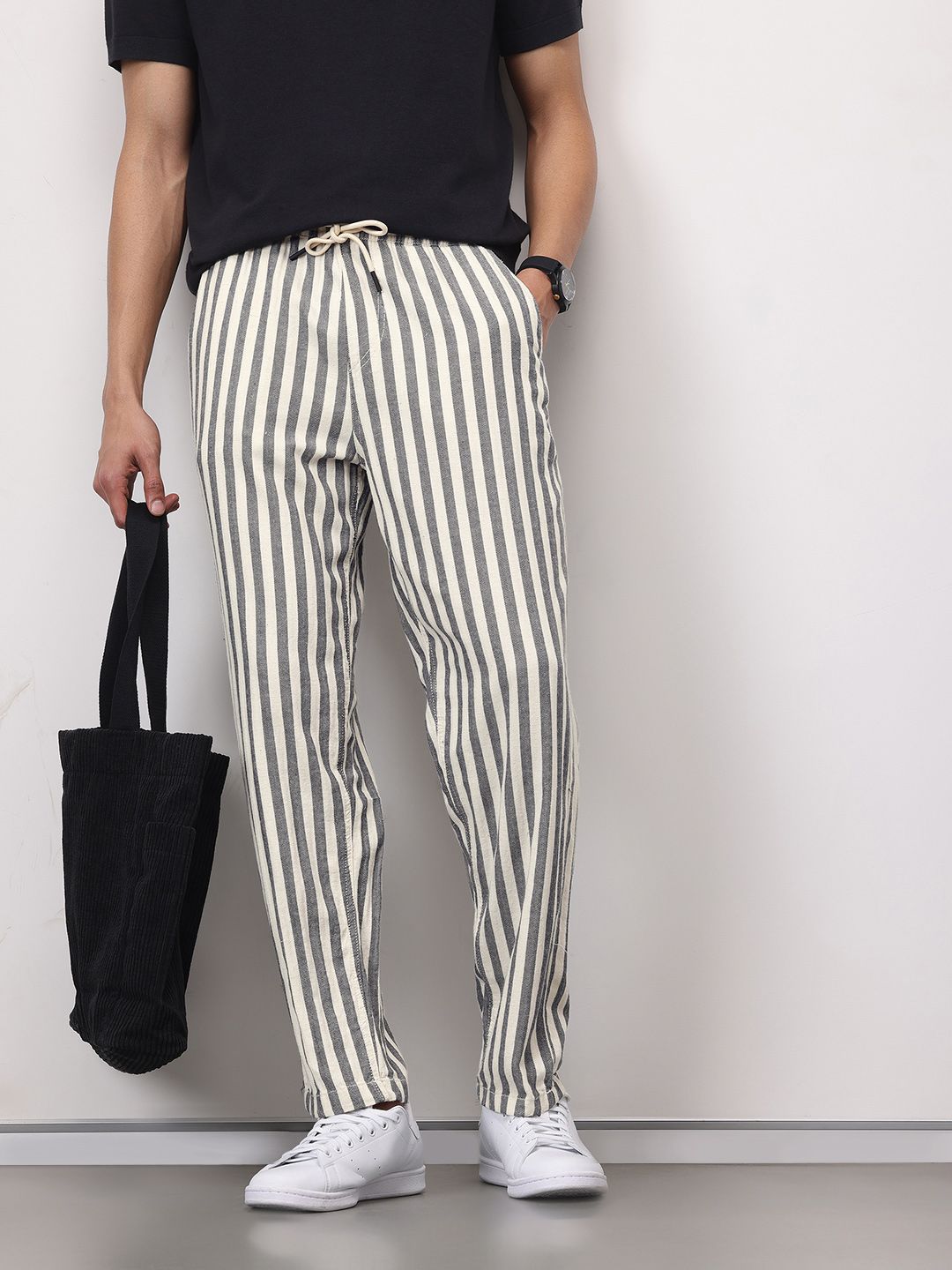 ether Zen Men Striped Cotton Linen Chinos Trousers
