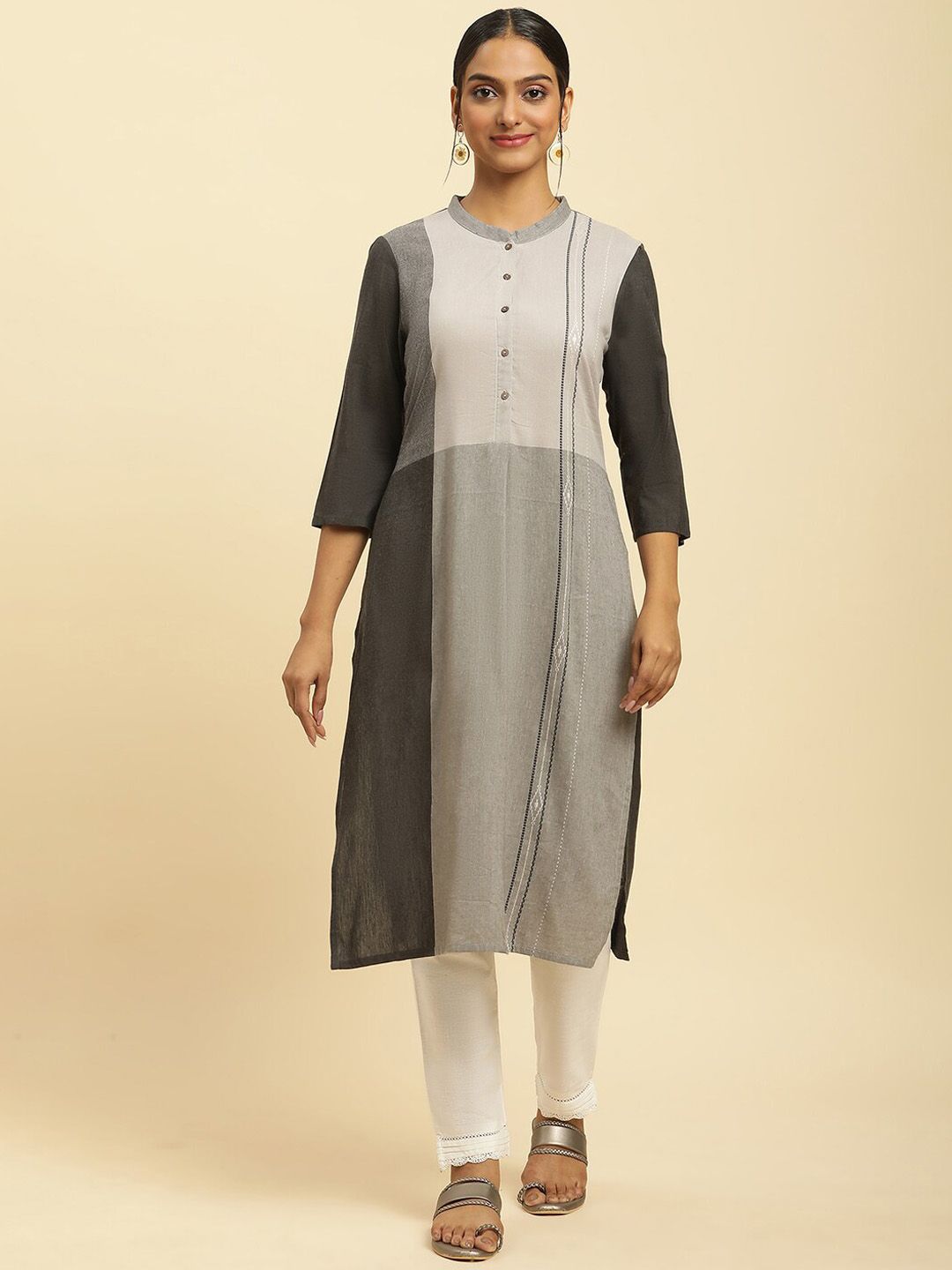 W Grey Mandarin Collar Straight Kurta