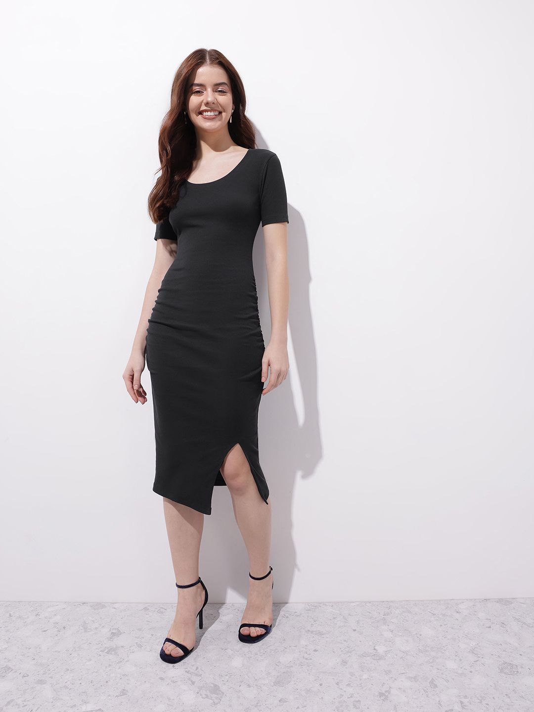 DressBerry Noir Nectar Ruched Sheath Midi Dress