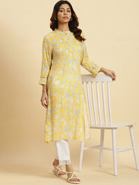 W Floral Printed Band Collar Sequinned Detailed Straight Kurta