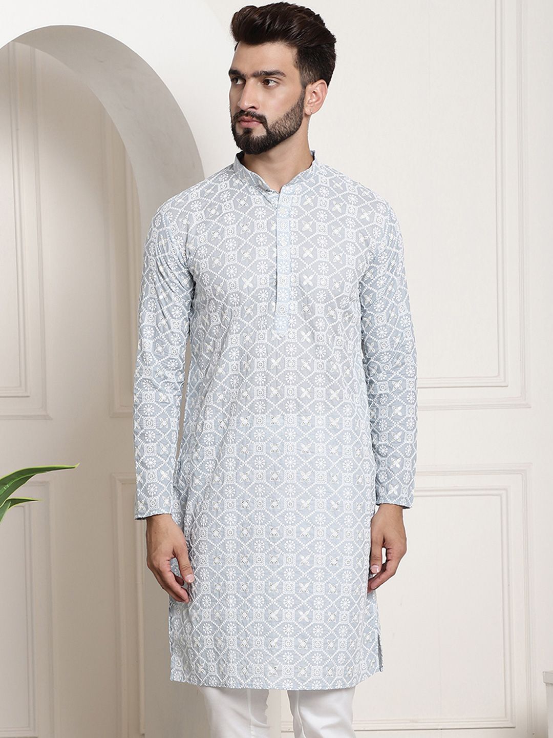 SOJANYA Band Collar Ethnic Motifs Embroidered Thread Work Cotton Kurta