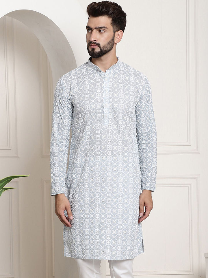 SOJANYA Band Collar Ethnic Motifs Embroidered Thread Work Cotton Kurta