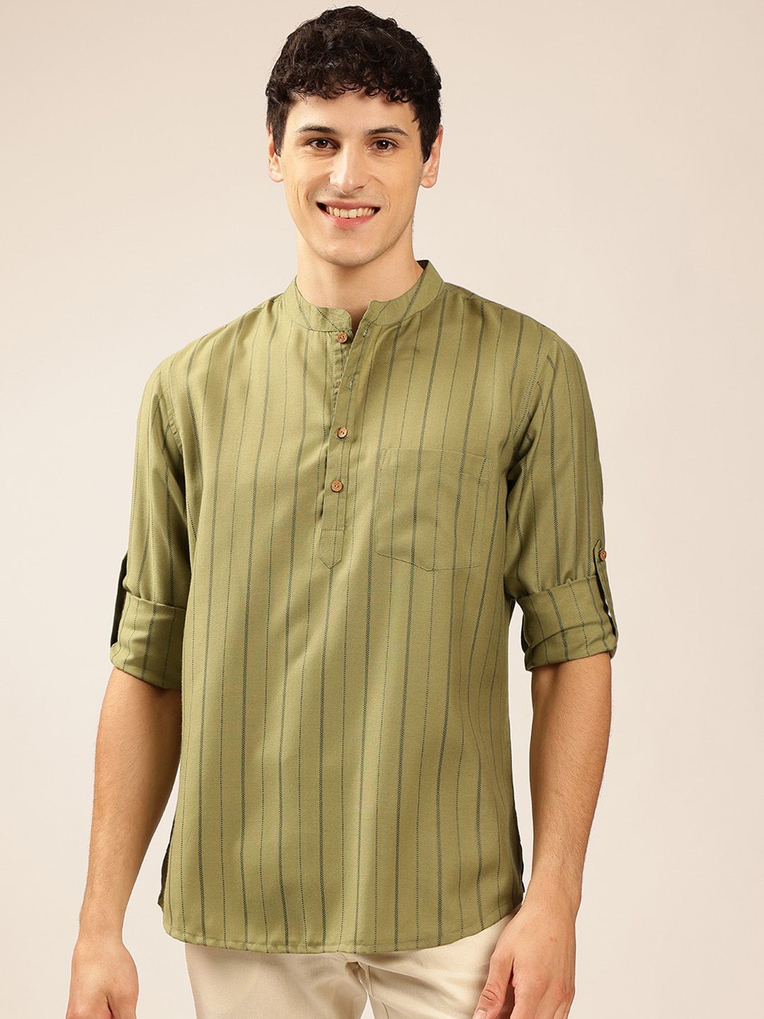 Anouk Striped Mandarin Collar Roll-Up Sleeves Short Kurta