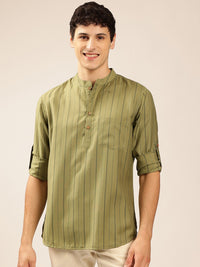 Anouk Striped Mandarin Collar Roll-Up Sleeves Short Kurta