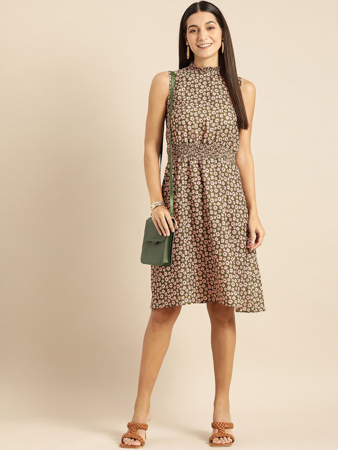 all about you Olive Green & Pink Floral Smocked Dress