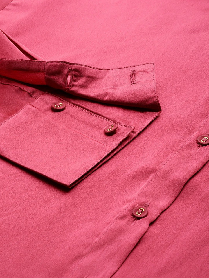 SASSAFRAS Women Pink Comfort Fit Satin Longline Party Shirt