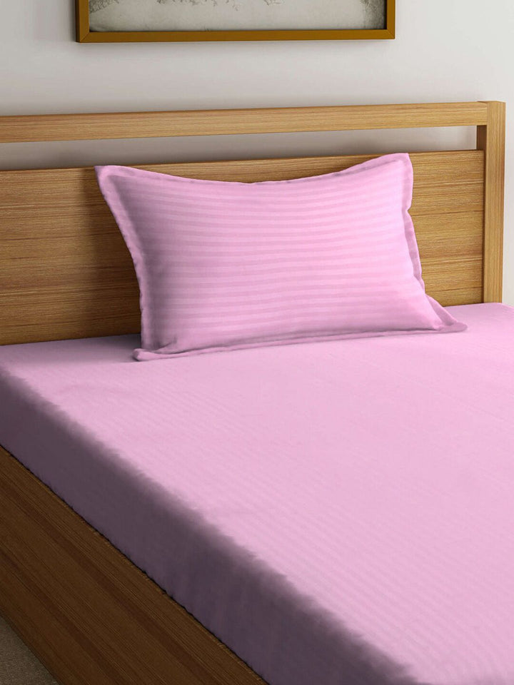 KLOTTHE Pink Striped 300 TC Single Bedsheet With Pillow Cover