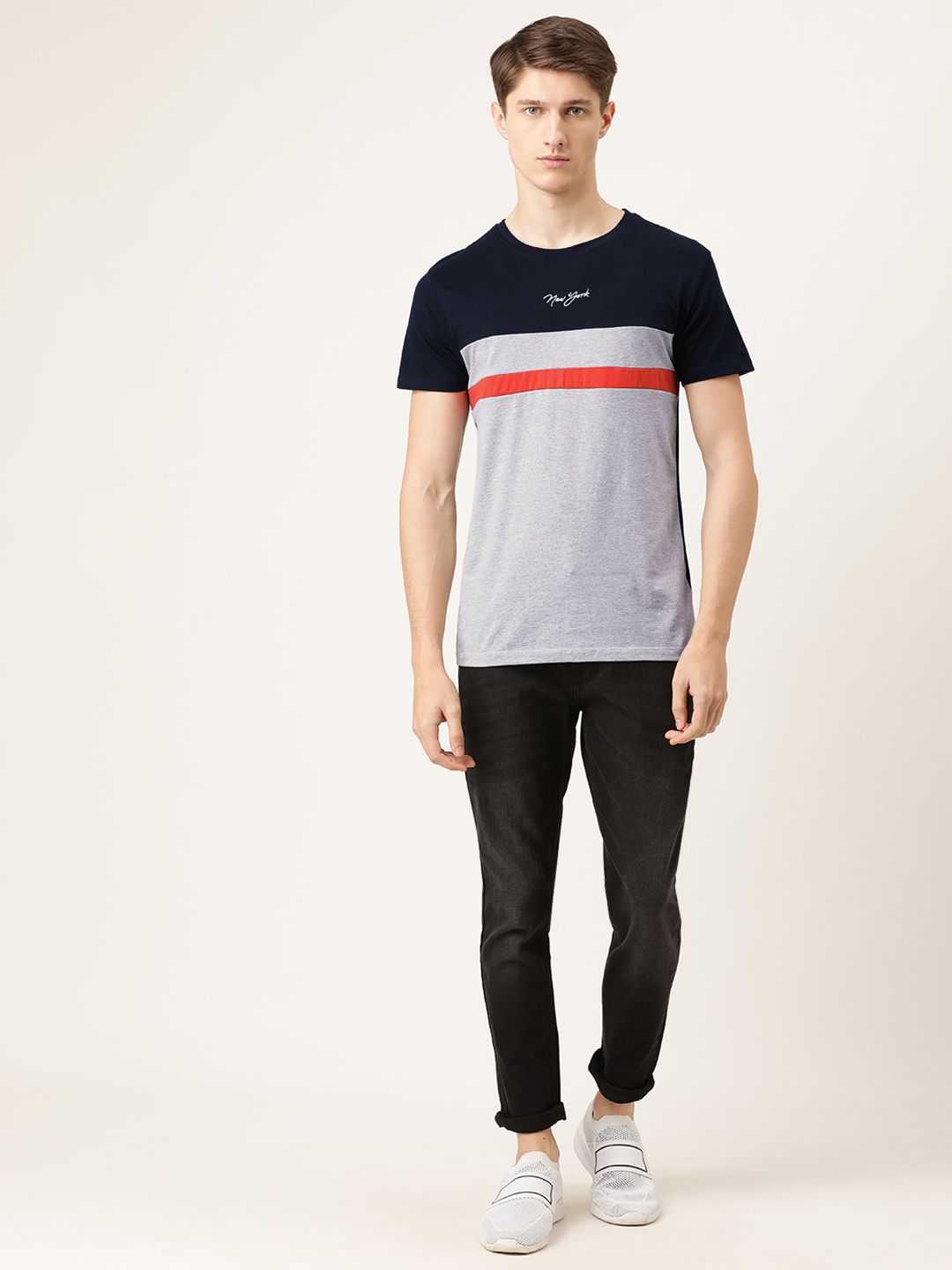The Indian Garage Co Men Grey Melange  Navy Blue Colourblocked Round Neck Pure Cotton T-shirt