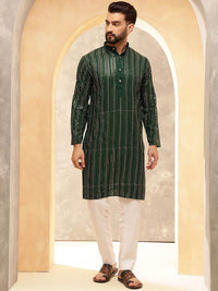 Anouk Green Geometric Sulam Jujukan Jalur Kolar Kurta Lurus