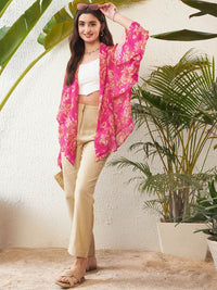 SASSAFRAS Pink Floral Printed Front Open Kimono Shrug