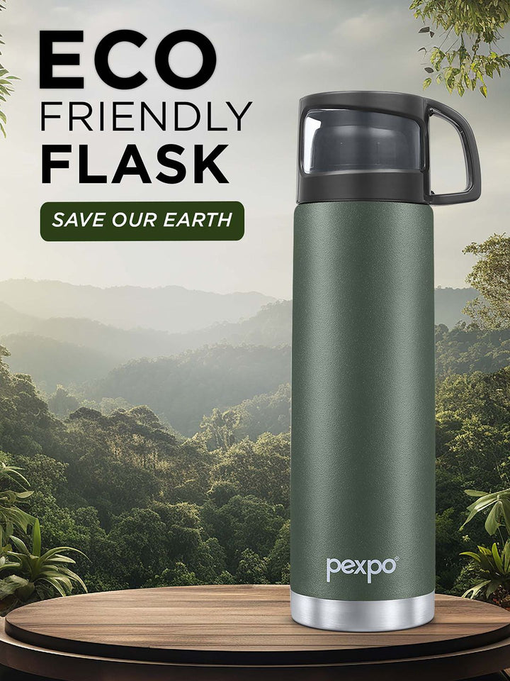 Pexpo Fererro Military Green Thermosteel ISI Certified Hot Flask Water Bottle & Bag 1000ml