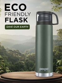 Pexpo Fererro Military Green Thermosteel ISI Certified Hot Flask Water Bottle & Bag 1000ml