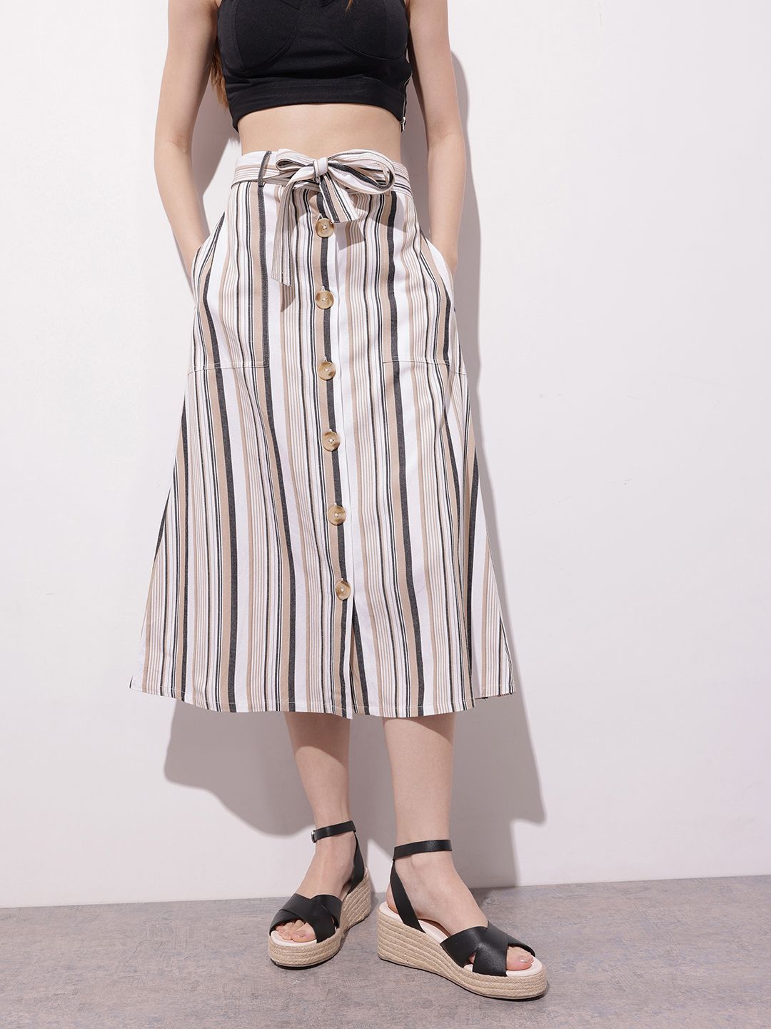 DressBerry Dark Academia Neutral Stripe Belted A-Line Skirt