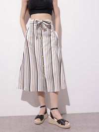 DressBerry Dark Academia Neutral Stripe Belted A-Line Skirt