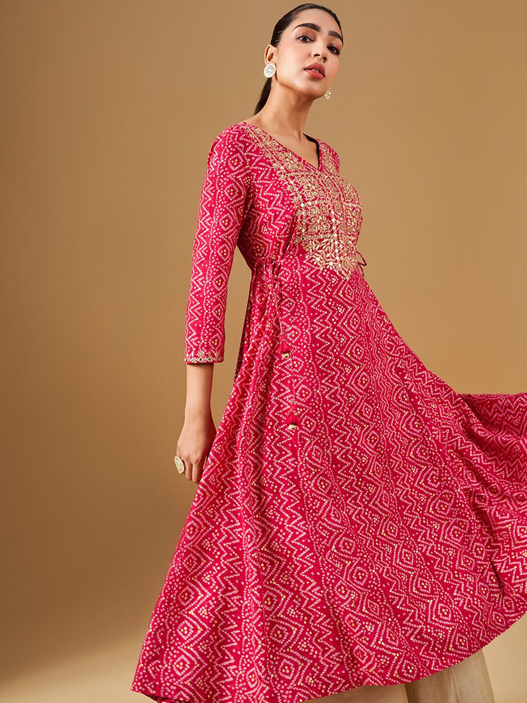 Global Desi Ethnic Motifs Printed Round Neck Mirror Work Anarkali Kurta