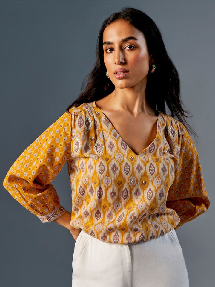 Global Desi Ethnic Motifs Printed V-Neck Puff Sleeve Top