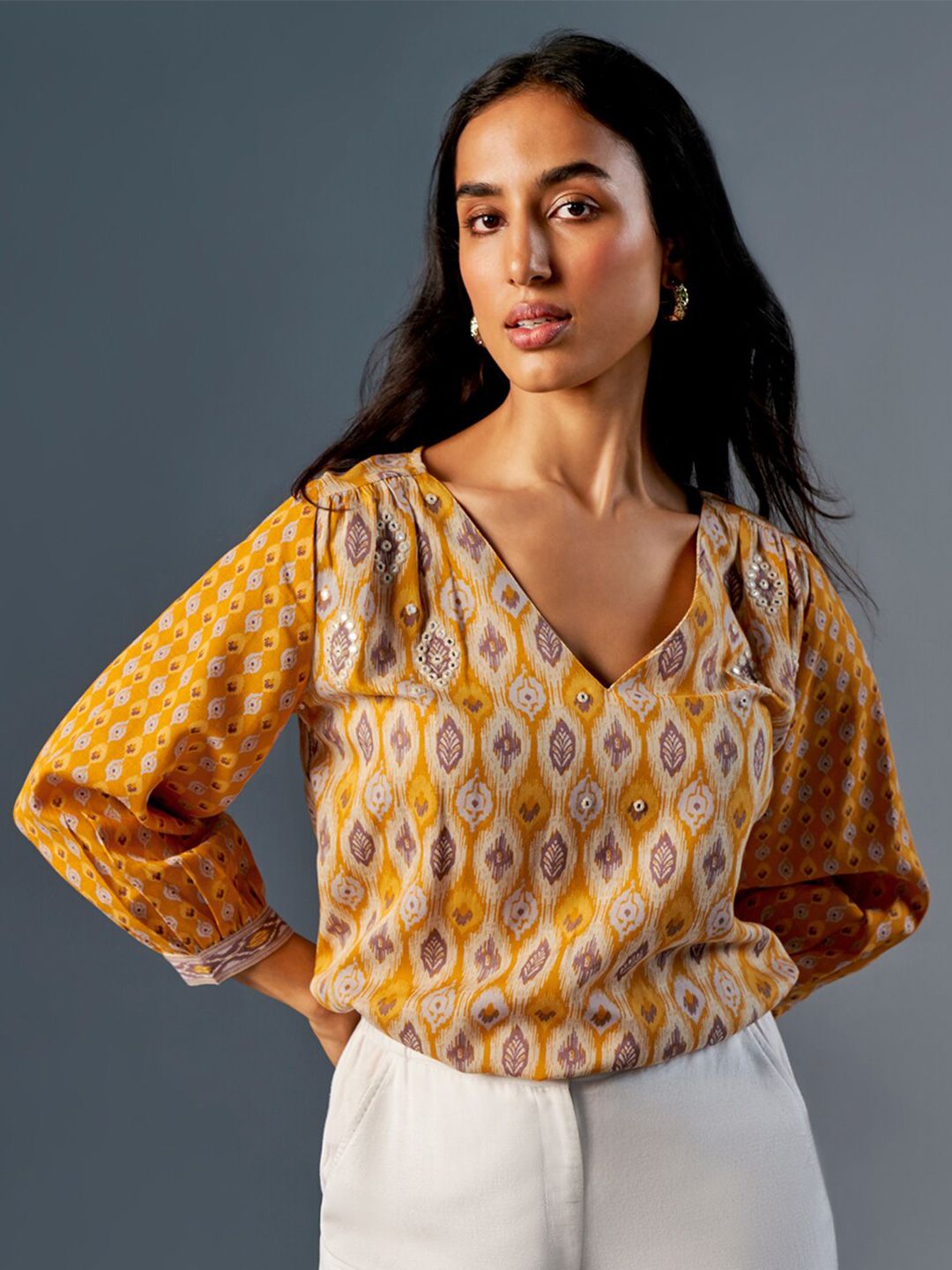 Global Desi Ethnic Motifs Printed V-Neck Puff Sleeve Top
