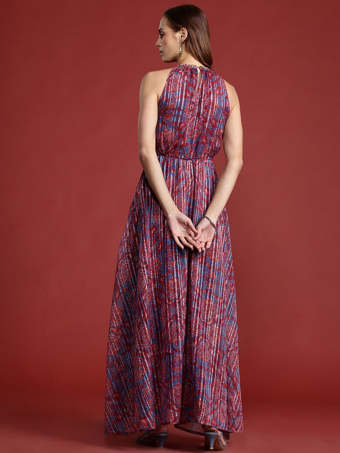 all about you Ethnic Motifs Printed Lurex Stripe Georgette Maxi Dress