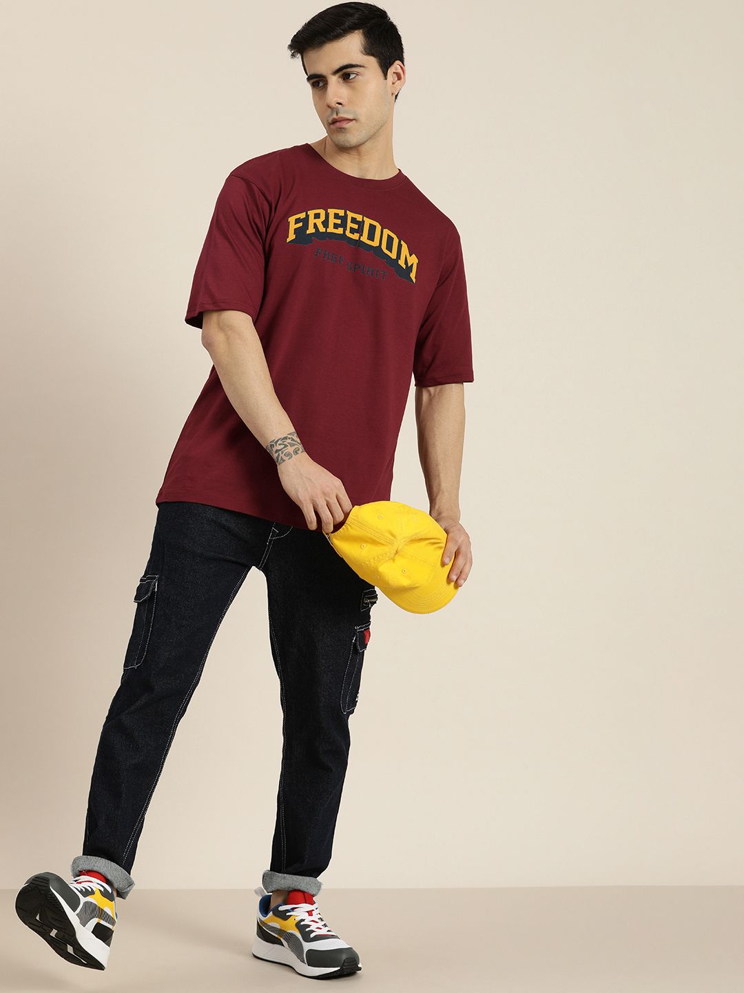 DILLINGER Men Maroon & Yellow Typography Printed Drop-Shoulder Sleeves Pure Cotton Oversized  T-shirt