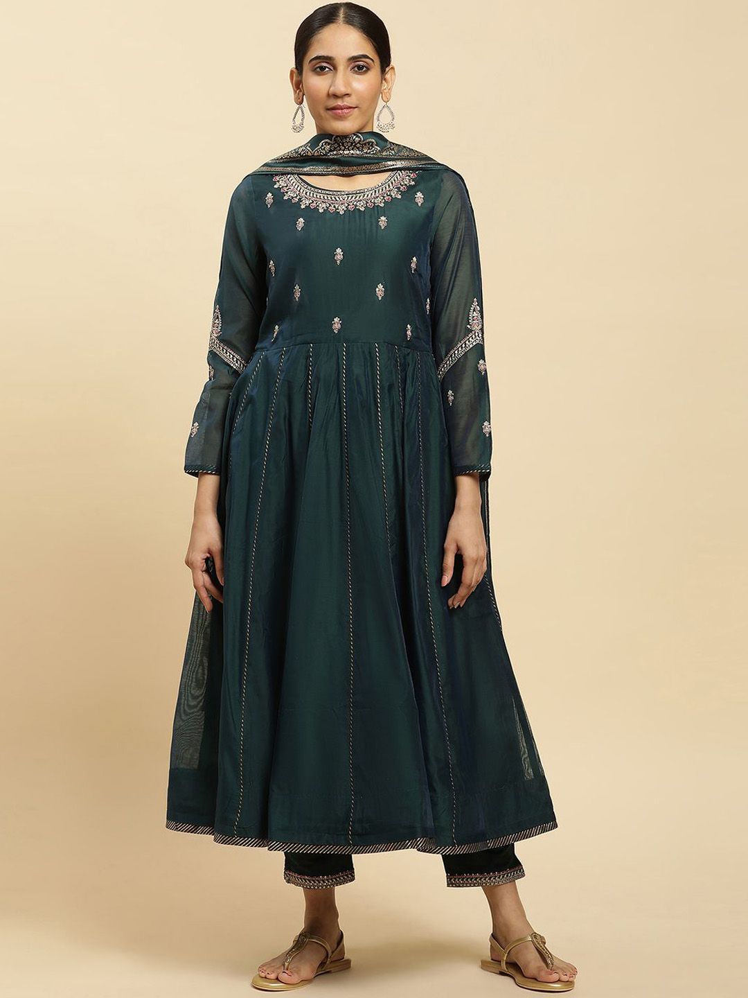 W Ethnic Motifs Embroidered Round Neck Thread Work Anarkali Kurta With Trousers & Dupatta