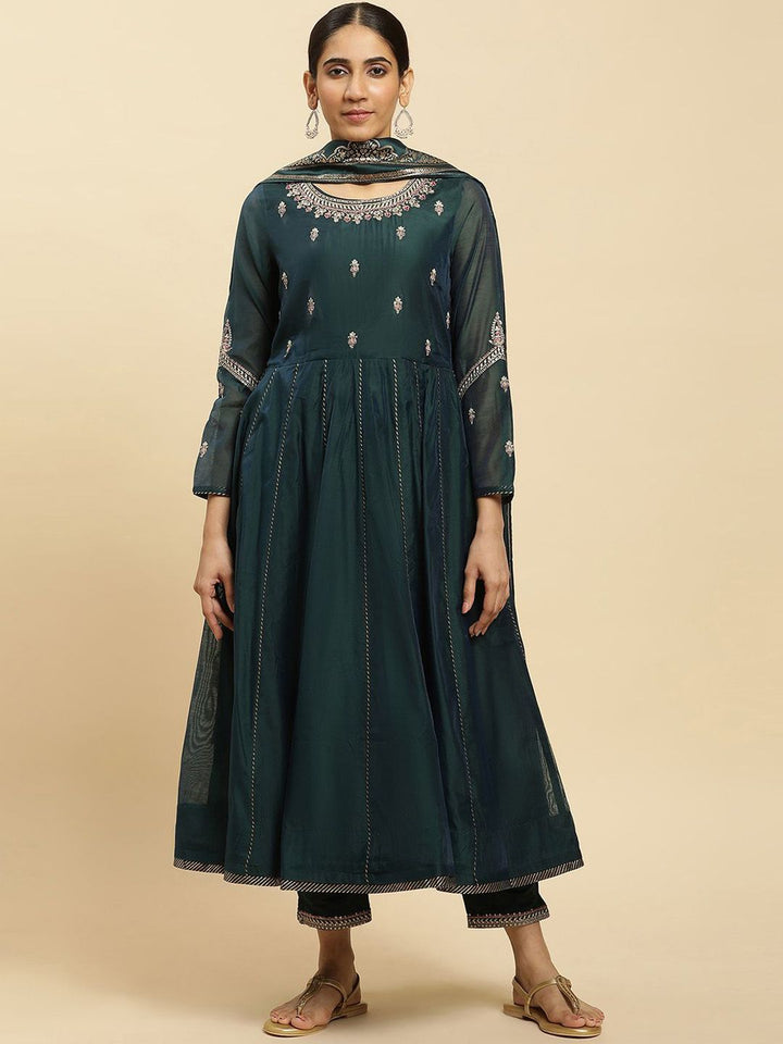 W Ethnic Motifs Embroidered Round Neck Thread Work Anarkali Kurta With Trousers & Dupatta
