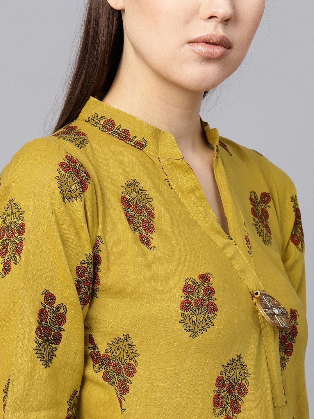 SOJANYA Women Mustard Yellow & Red Floral Print A-Line Kurta