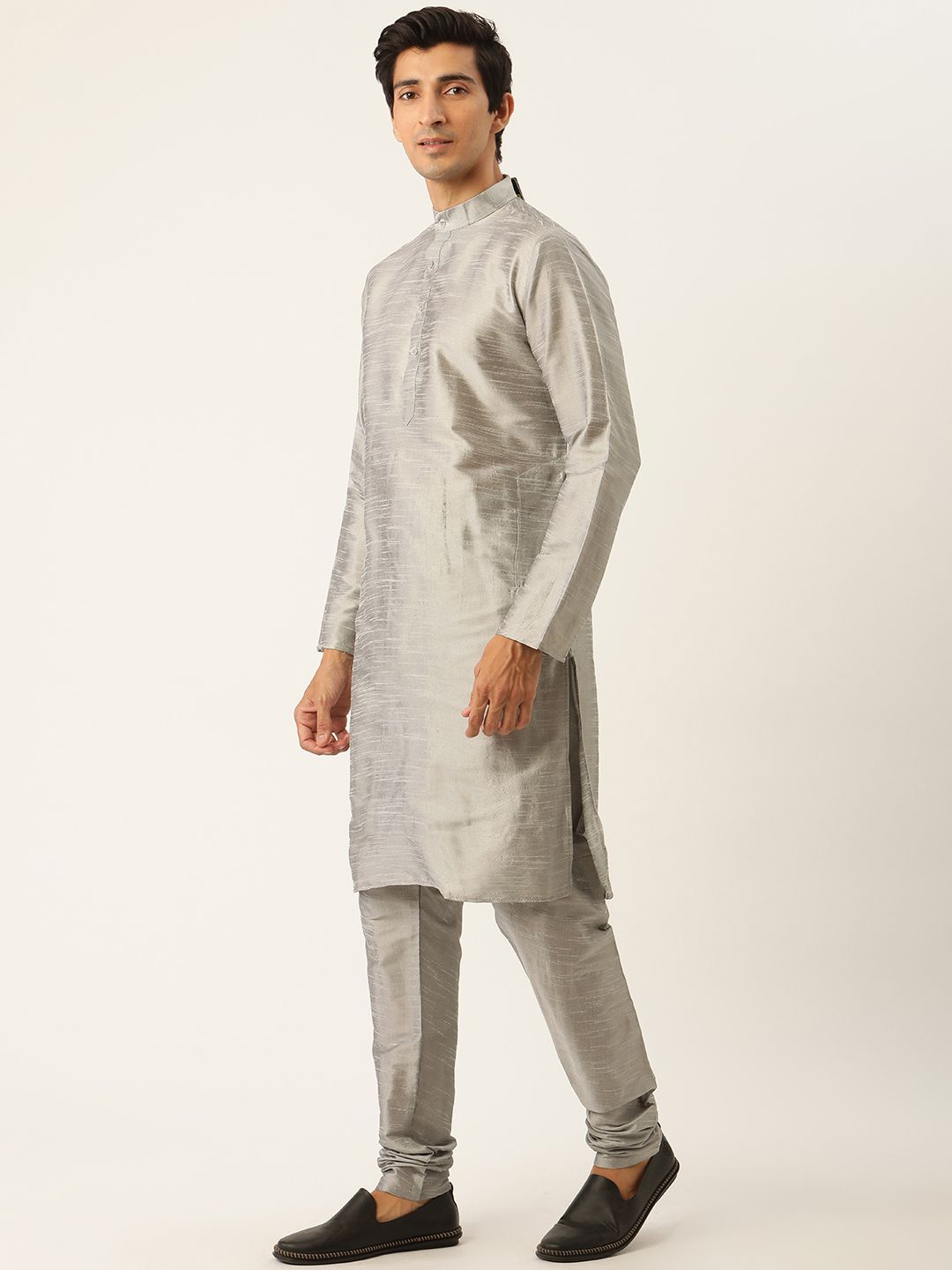 SOJANYA Men Grey & Navy Blue Self-Design Kurta with Churidar & Nehru Jacket