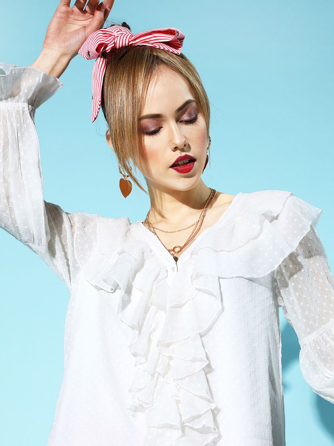 Antheaa Women Classic White Self-Design Ruffled Top