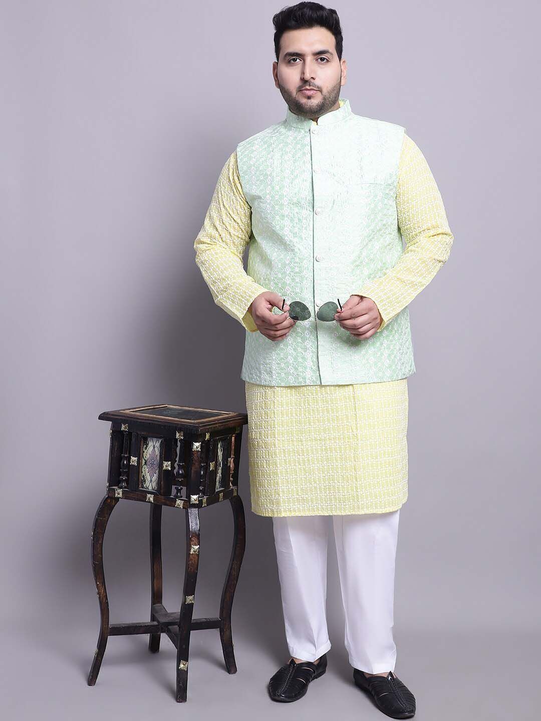 SOJANYA PLUS Plus Size Bordir Cotton Kurta Dengan Piyama & Sulam Jaket Nehru