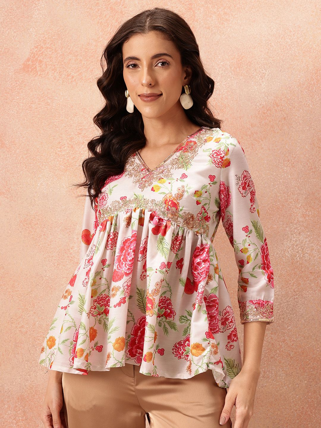 all about you Floral Print V-Neck Sequined Empire Kurti